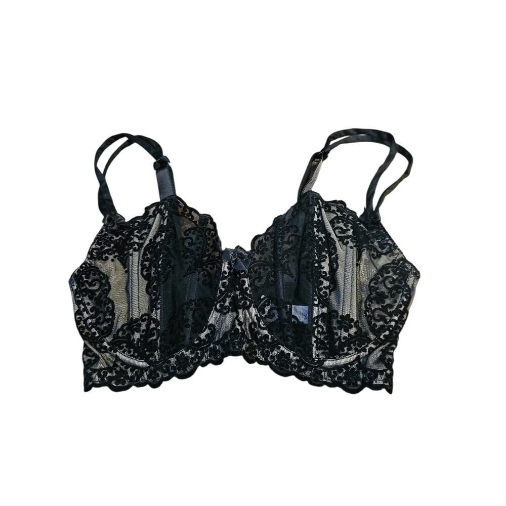 Victoria's Secret vintage sz 34DD black flocked lace underwire bra unlined demi